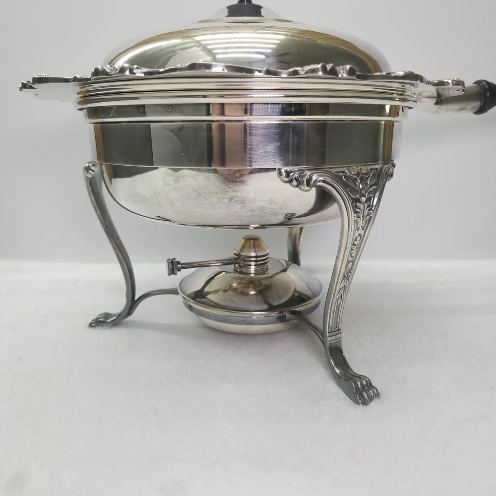 Vtg Elegant Silver Chafing Dish with Black Handle Used To Keep The Food Warm.